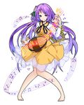  barefoot chain flower full_body hair_flower hair_ornament highres instrument ishimu long_hair lute_(instrument) purple_eyes purple_hair simple_background smile solo standing touhou tsukumo_benben twintails very_long_hair white_background 