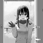  blush breath coat commentary door doorway double-breasted gloves greyscale heart long_hair looking_at_viewer monochrome open_mouth original pov_doorway scarf smile snow snowing solo waving winter_clothes winter_coat zaxwu 