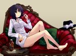 alcohol bad_id bad_pixiv_id black_hair book bottomless breasts brown_eyes chaise_longue enclosed0 hair_twirling hat hat_removed headwear_removed looking_at_viewer medium_breasts short_hair smile solo touhou usami_renko 