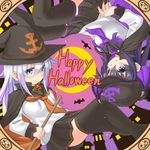  akatsuki_(kantai_collection) bad_id bad_pixiv_id blue_eyes blue_hair cape halloween halloween_costume hat hibiki_(kantai_collection) kantai_collection multiple_girls musouzuki school_uniform serafuku silver_hair thighhighs vampire witch witch_hat 