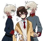  ahoge aldnoah.zero bad_id bad_pixiv_id brown_eyes brown_hair dual_persona kaizuka_inaho male_focus military military_uniform multiple_boys necktie pulling school_uniform silver_hair slaine_troyard tamagoumauma uniform 