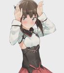  arms_up bad_id bad_pixiv_id blush brown_eyes brown_hair ddal flat_chest headband headgear kantai_collection looking_at_viewer short_hair skirt solo sweatdrop taihou_(kantai_collection) 