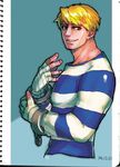  blonde_hair blue_eyes cody_travers cuffs facial_hair grin hand_wraps handcuffs highres male_focus marker_(medium) prison_clothes ryuudou_takeshi scan smile solo street_fighter stubble traditional_media 