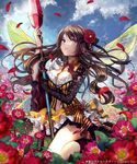  asymmetrical_clothes breasts brown_hair cleavage cloud flower hair_flower hair_ornament highres insect_wings large_breasts lips long_hair looking_at_viewer mole navel official_art petals pisuke polearm purple_eyes shingoku_no_valhalla_gate skirt sky solo spear weapon wings 