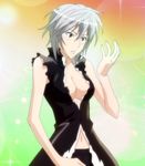  1girl breasts highres homura_(sekirei) medium_breasts red_eyes sekirei short_hair solo standing stitched torn_clothes white_hair 