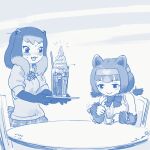  2girls alpine_marmot_(kemono_friends) animal_ears bare_shoulders bear_ears bear_girl blush bow bowtie commentary_request elbow_gloves eyebrows_visible_through_hair food fur gloves headband highres ice_cream ice_cream_float inada_roku kemono_friends kemono_friends_3 kodiak_bear_(kemono_friends) monochrome multiple_girls plaid plaid_skirt pleated_skirt puffy_short_sleeves puffy_sleeves short_hair short_sleeves short_twintails sidelocks sitting skirt sleeveless squirrel_ears squirrel_girl squirrel_tail sweatdrop sweater tail twintails 