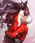  1girl archer bad_id bad_pixiv_id black_hair blue_eyes closed_eyes fate/stay_night fate_(series) hair_ribbon holding hug long_hair looking_at_another petals red_shirt ribbon shirt short_hair skin_tight skirt smile tattoo toosaka_rin two_side_up white_hair yomi_yasou 