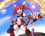  :o black_legwear boots covered_navel elbow_gloves fire gloves knee_boots left-handed leotard long_hair mecha_musume ore_twintail_ni_narimasu rando_seru red_eyes red_hair solo sword tailred thighhighs twintails weapon 