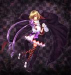  1girl alternate_costume blonde_hair cape checkered checkered_background dancing frills full_body gloves halloween highres holding_hands long_hair miyato000 pants pointy_ears purple_eyes purple_hair richard_(tales) shoes skirt smile sophie_(tales) star striped striped_legwear tales_of_(series) tales_of_graces thighhighs twintails yellow_eyes 