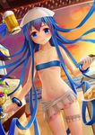  aki99 alcohol beach beer beer_mug blue_eyes blue_hair blush bracelet breasts covering covering_breasts covering_crotch cup curry curry_rice dutch_angle food hat highres holding holding_cup ikamusume jewelry leg_garter long_hair looking_at_viewer navel nude outdoors pasta plate rice shinryaku!_ikamusume small_breasts smile solo spaghetti tears tentacle_hair tentacles 