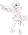  :d absurdres bird_wings blush feather_fan hand_on_hip hat highres kneepits looking_at_viewer looking_back miniskirt monochrome open_mouth pointy_ears pom_pom_(clothes) shameimaru_aya short_hair sketch skirt smile solo tanakara thighhighs tokin_hat touhou v-shaped_eyebrows wings zettai_ryouiki 