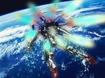  beam earth els exhaust flying glowing gundam gundam_00 machinery mecha no_humans photo_background planet sword weapon 