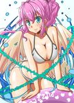  5ugar angel angel_wings archangel_metatron_(p&amp;d) bikini blue_eyes blush breasts cleavage collarbone earrings feathered_wings heart highres innertube jewelry large_breasts leaning leaning_forward long_hair pink_hair ponytail puzzle_&amp;_dragons smile solo swimsuit white_bikini wings 