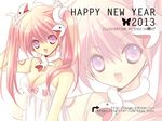  2013 artist_name breasts cleavage dress hair_ornament hand_on_own_head happy_new_year highres koge_donbo large_breasts long_hair looking_at_viewer new_year original pink_hair purple_eyes snake_hair_ornament solo twintails watermark web_address white_dress zoom_layer 