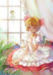  antenna_hair book bottle brown_hair cardcaptor_sakura character_doll choker closed_eyes curtains dress duximeng flower frilled_sleeves frills hair_ribbon hand_on_own_chest highres holding kinomoto_sakura letter li_xiaolang lily_of_the_valley petticoat pink_choker puffy_short_sleeves puffy_sleeves ribbon short_hair short_sleeves short_twintails single_thighhigh solo star star_choker stuffed_animal stuffed_toy teddy_bear teruterubouzu thighhighs twintails white_dress white_legwear window 