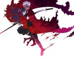  1girl archer blood blood_on_face bloody_weapon dark_skin fate/stay_night fate_(series) highres impaled npn sword toosaka_rin two_side_up weapon white_hair 