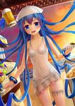  :d aki99 alcohol bangle beach beer beer_mug blue_eyes blue_hair blush bracelet breasts covered_navel cowboy_shot cup curry curry_rice food hat highres holding holding_cup holding_food horizon ikamusume jewelry leg_garter long_hair looking_at_viewer ocean one-piece_swimsuit open_mouth outdoors pasta plate prehensile_hair rice school_swimsuit shinryaku!_ikamusume small_breasts smile solo spaghetti standing sunset swimsuit tentacle_hair tentacles white_school_swimsuit white_swimsuit 