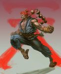  bared_teeth beads bingoman clenched_hands dark_skin dark_skinned_male dougi gouki heaven_(kanji) highres male_focus muscle no_pupils pectorals prayer_beads red_hair rope running sandals sharp_teeth solo street_fighter teeth topknot white_eyes 