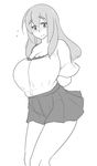  1girl blush borrowed_character breasts cleavage female huge_breasts kaz_(shade) long_hair monochrome original shirt sketch skirt solo standing 