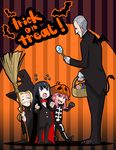  2girls 71 bat_wings black_hair blonde_hair broom butler candy demon_tail food grey_hair hat iori_shirou jakuzure_nonon kill_la_kill kiryuuin_satsuki lollipop long_hair multiple_boys multiple_girls pink_hair pumpkin_hat short_hair skeleton_costume soroi_mitsuzou swirl_lollipop tail trick_or_treat vampire_costume wings witch witch_hat younger 