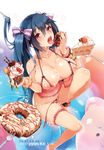  1girl blue_hair breasts cupcake dessert food highres large_breasts long_hair nipples original pink_eyes pyon-kichi solo tongue 