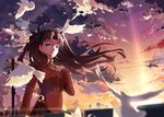  bird brown_hair cloud cloudy_sky dove fate/stay_night fate_(series) green_eyes hair_ribbon highres jewelry long_hair looking_at_viewer mr_cloud pendant ribbon skirt sky solo sunrise toosaka_rin two_side_up 