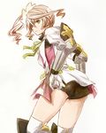  alisha_diphda ass boots brown_hair buruma elbow_gloves gauntlets gloves green_eyes knee_boots looking_back mishiro_(andante) short_hair side_ponytail solo tales_of_(series) tales_of_zestiria white_background 