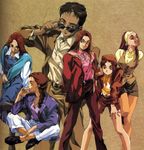  alternate_costume belt beret boots christina_mackenzie glasses gundam gundam_0080 hat headband jewelry long_hair mikimoto_haruhiko necklace official_art overalls red_hair short_hair shorts sitting sunglasses tagme 