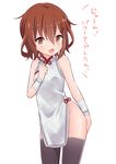  alternate_costume black_legwear blush brown_eyes brown_hair china_dress chinese_clothes dress fang hair_ornament hairclip ica ikazuchi_(kantai_collection) kantai_collection looking_at_viewer no_panties open_mouth short_hair simple_background smile solo thighhighs translated white_background 