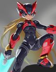  1boy adapted_costume android black_eyes blonde_hair energy_blade energy_sword grey_background helmet holding holding_weapon long_hair male_focus robot_joints rockman rockman_zero scccs2 simple_background solo sword very_long_hair weapon zero_(rockman) 
