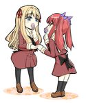  blonde_hair blue_eyes blush chibi couple flower full_body hair_ribbon holding_hands long_hair looking matsubara_yuuna multiple_girls oda_nanami pale_skin pantyhose pun red_eyes red_hair ribbon school_uniform simple_background smile sono_hanabira_ni_kuchizuke_wo standing too_literal twintails yuri yuriwhale 