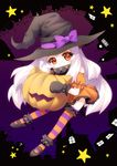  alternate_costume bad_id bad_pixiv_id bow colored_stripes detached_sleeves halloween hat hat_bow jack-o'-lantern kantai_collection kinosaki_yuki leaning_forward long_hair looking_at_viewer mary_janes mittens northern_ocean_hime object_hug orange_eyes pale_skin pumpkin shinkaisei-kan shoes solo star striped striped_legwear thighhighs white_hair witch_hat 
