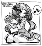  dress eating eighth_note english flower food greyscale hair_flower hair_ornament long_hair monochrome musical_note one_eye_closed pie seiza sitting smile solo speech_bubble spoken_musical_note touhou tsukumo_benben twintails yt_(wai-tei) 