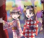  brown_hair candy_apple child fate/stay_night fate_(series) food iwanaga_tm japanese_clothes kimono matou_sakura multiple_girls short_twintails siblings sisters toosaka_rin twintails 