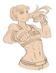  abs biceps breasts clenched_hands drawfag fighting_stance grin highres ishido_natsuo long_hair mixed_martial_arts monochrome muscle muscular_female navel sketch small_breasts smile solo sports_bra teppuu 