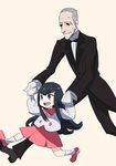  1girl 71 black_hair blue_eyes child gloves grey_hair holding_hands kill_la_kill kiryuuin_satsuki long_hair old_man running smile soroi_mitsuzou tuxedo younger 