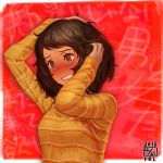  1girl blush breasts brown_eyes brown_hair clenched_teeth embarrassed face hands_on_own_head highres ikeda_(cpt) kawakami_sadayo long_sleeves persona persona_5 shirt short_hair solo striped striped_shirt sweat sweatdrop teeth yellow_shirt 