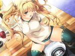  1girl blonde_hair bloomers blue_eyes blush breasts buruma busou_shoujotai_blade_briders dumbbell fingering game_cg gym_uniform highres large_breasts legs long_hair looking_down masturbation min-naraken open_mouth sitting solo thighs twintails wet wince 