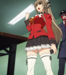  amagi_brilliant_park brown_hair okuro_(amaburi) pleated_skirt ponytail screencap sento_isuzu skirt thighhighs yellow_eyes 