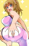  :d ass ass_grab barefoot bike_shorts blue_eyes breasts brown_hair cameltoe deep_skin from_behind fukurou_(owl222) grabbing_own_ass gundam gundam_build_fighters gundam_build_fighters_try hoshino_fumina large_breasts looking_back midriff open_mouth ponytail scrunchie smile solo sports_bra sweat trefoil yellow_background 
