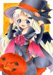  blonde_hair blue_eyes bow detached_sleeves halloween hat jack-o'-lantern little_busters! long_hair noumi_kudryavka pink_bow shie_(m417) traditional_media witch_hat 
