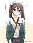  alternate_costume black_eyes black_hair blush brown_hair casual hair_ribbon ica jacket kantai_collection long_hair ribbon shirt simple_background smile solo t-shirt tone_(kantai_collection) translated twintails white_background white_ribbon 