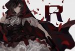  bad_id bad_pixiv_id bangs belt black_eyes black_hair cape cloak closed_mouth frills holding holding_weapon hood hooded_cloak looking_at_viewer multiple_belts petals red_cape ribbon rose_petals ruby_rose rwby short_hair simple_background smile solo swept_bangs tanshi_shou text_focus underbust weapon 