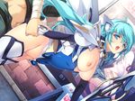  1girl areolae arm_grab blue_eyes blue_hair breasts busou_shoujotai_blade_briders clothed_sex game_cg highres large_breasts legs long_hair looking_back min-naraken nipples no_panties open_mouth sex standing thighs vaginal weapon 