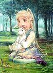  animal animal_ears blonde_hair bunny day dress fang faux_traditional_media flower grass holding hug long_hair open_mouth original outdoors pantyhose red_eyes rhodomina sitting tree whiskers 