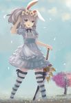  absurdres animal_ears apron blue_eyes bunny_ears dress elin_(tera) fang highres long_hair magician_(china) ponytail silver_hair smile solo striped striped_legwear sword tera_online thighhighs weapon 