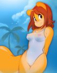  anthro areola avian big_tail bird blue_sky breasts brown_eyes camel_toe cleft_of_venus clothed clothing cloud day female fur hair hands_behind_back looking_at_viewer mammal miu navel nipples one-piece_swimsuit orange_fur palm_tree peaches_(miu) pink_nose portrait pussy red_hair rodent sciurid sky smile solo swimsuit three-quarter_portrait translucent transparent_clothing tree tree_squirrel 