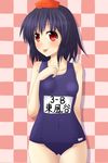  :p black_hair blush collarbone flat_chest hat looking_at_viewer red_eyes school_swimsuit shameimaru_aya short_hair smile solo swimsuit teoi_(good_chaos) tokin_hat tongue tongue_out touhou 