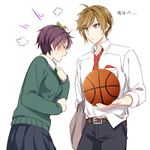  1girl bad_id bad_pixiv_id basketball brown_hair gekkan_shoujo_nozaki-kun genderswap genderswap_(ftm) genderswap_(mtf) leaf leaf_on_head mery_(apfl0515) necktie purple_hair school_uniform seo_yuzuki short_hair wakamatsu_hirotaka 