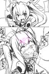  1girl 2koma ;o ahegao angry antenna_hair bangs bare_shoulders blush brooch clenched_hand clothed_sex comic cum cum_in_mouth elbow_gloves fellatio flat_chest floating_hair fucked_silly genderswap genderswap_(mtf) gloves headgear heart hetero instant_loss_2koma jewelry long_hair magical_girl male_pubic_hair monochrome motion_lines multiple_views nose_blush one_eye_closed oral ore_twintail_ni_narimasu otoo_(izanagi) pubic_hair rolling_eyes sidelocks solo_focus speech_bubble speed_lines spot_color sweat tailred translation_request twintails upper_body v-shaped_eyebrows vambraces very_long_hair 